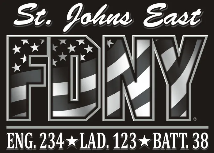 FDNY Engine 234 Ladder 123 "St. Johns East" Subdued Black Fire Tee NEW