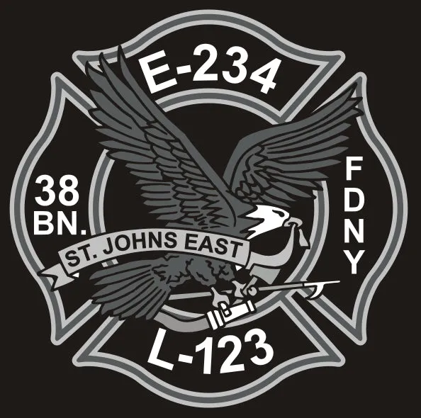 FDNY Engine 234 Ladder 123 "St. Johns East" Subdued Black Fire Tee NEW