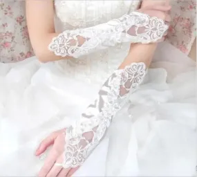 Flocked Satin/Beaded Lace Fingerless Wedding Gloves