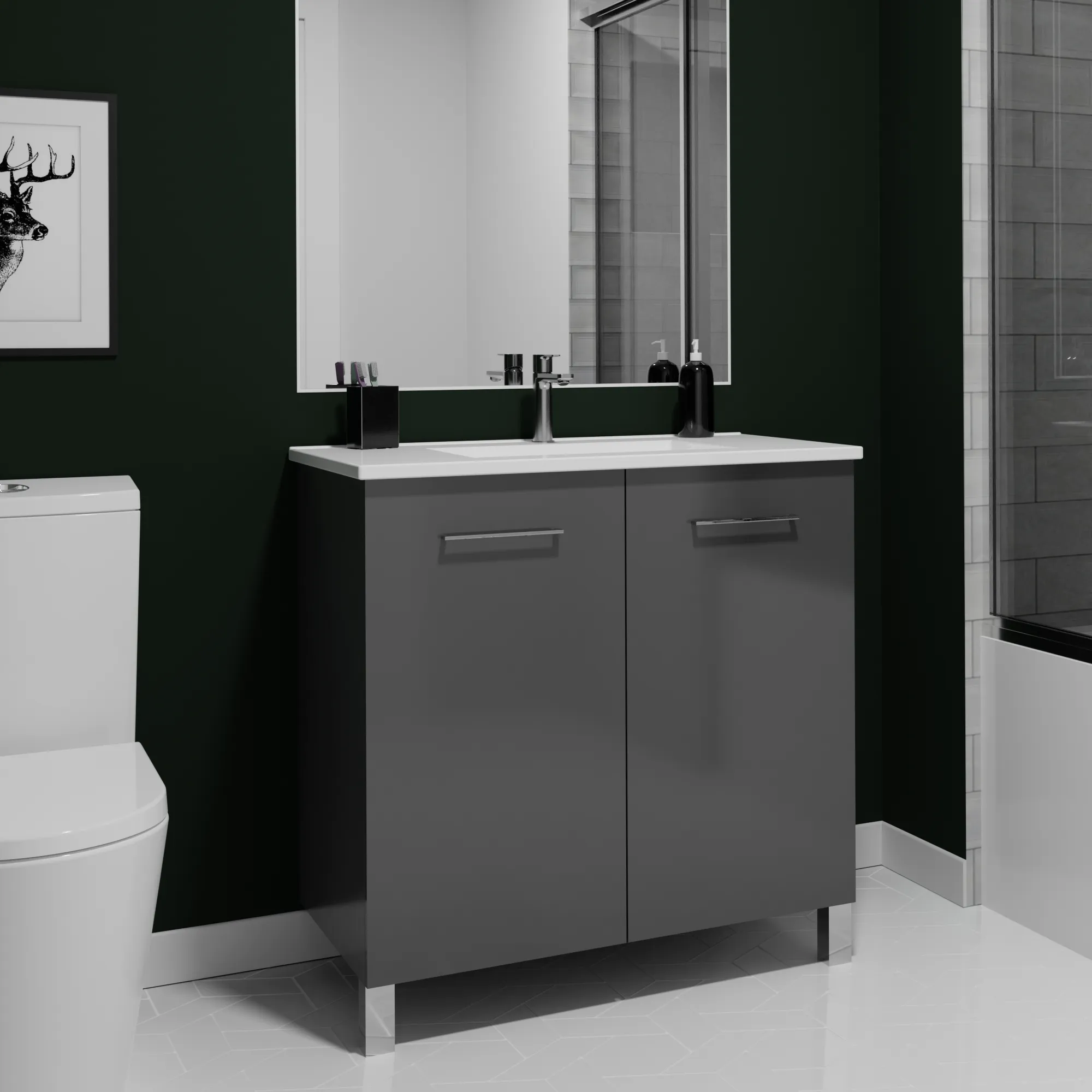 Floor-mount Vanity 32" x 18" 2 Doors in High Gloss Anthracite