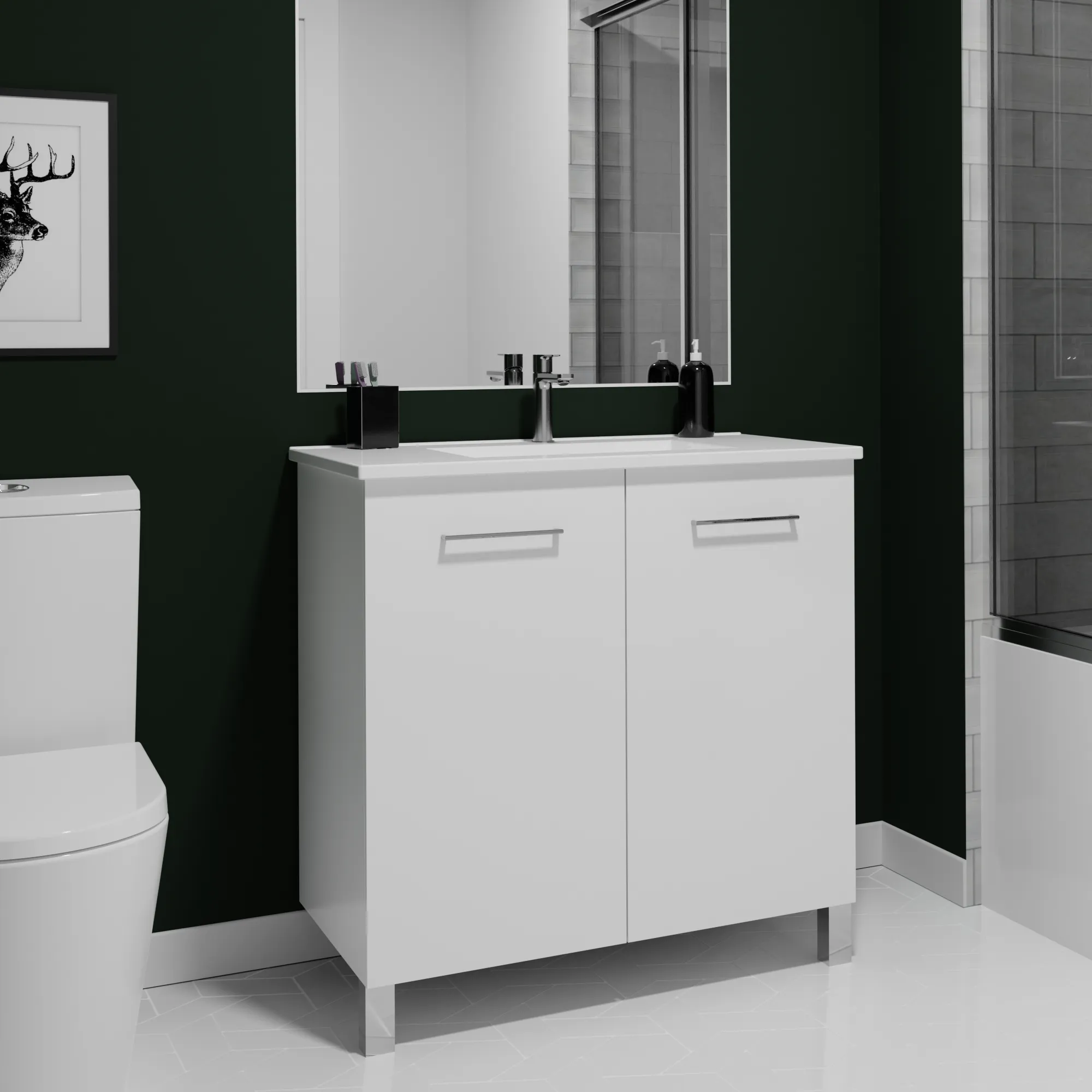 Floor-mount Vanity 32" x 18" 2 Doors in High Gloss White