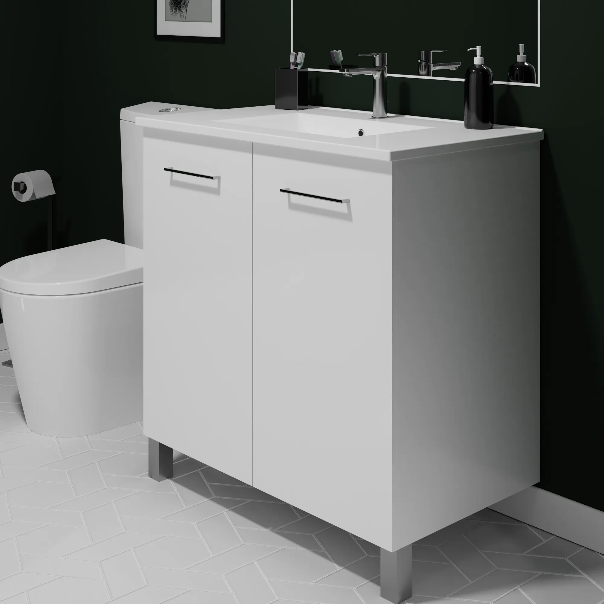 Floor-mount Vanity 32" x 18" 2 Doors in High Gloss White