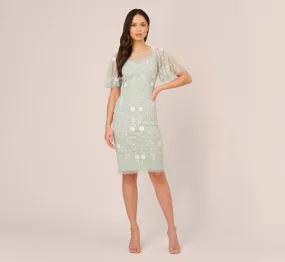 Floral Beaded Dress With Sheer Flutter Sleeves In Icy Sage Ivory