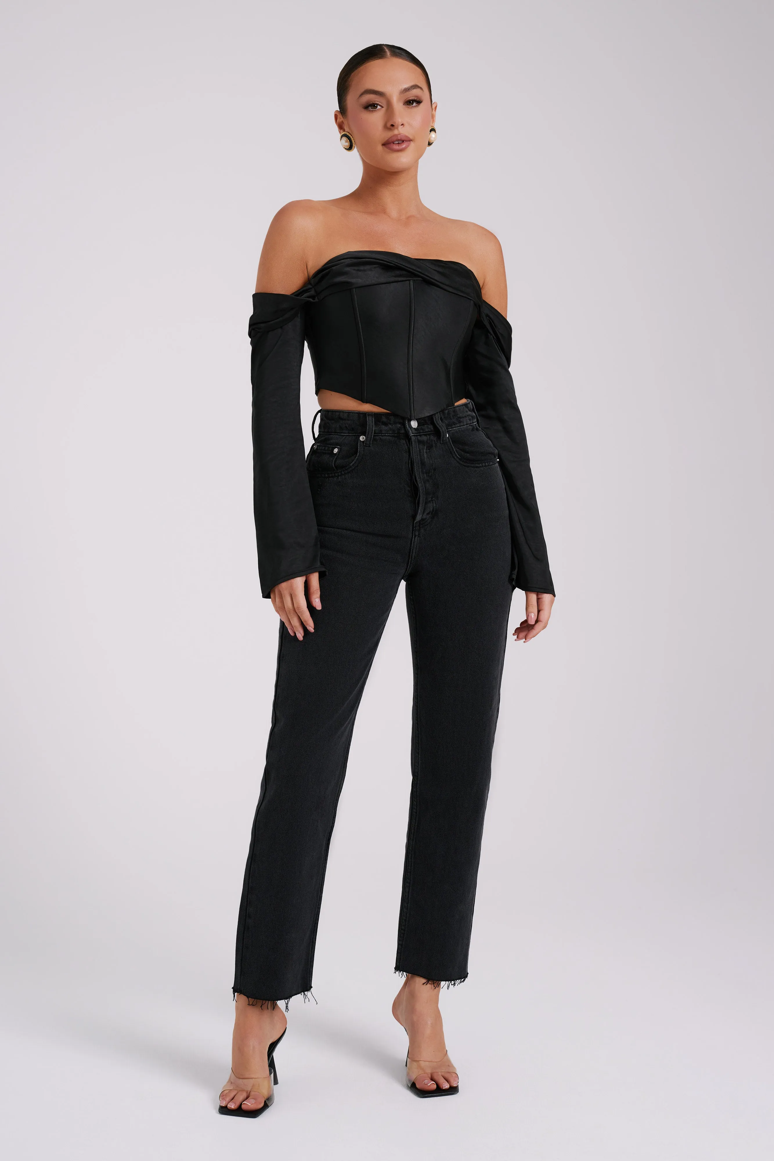 Giselle Satin Off Shoulder Top - Black