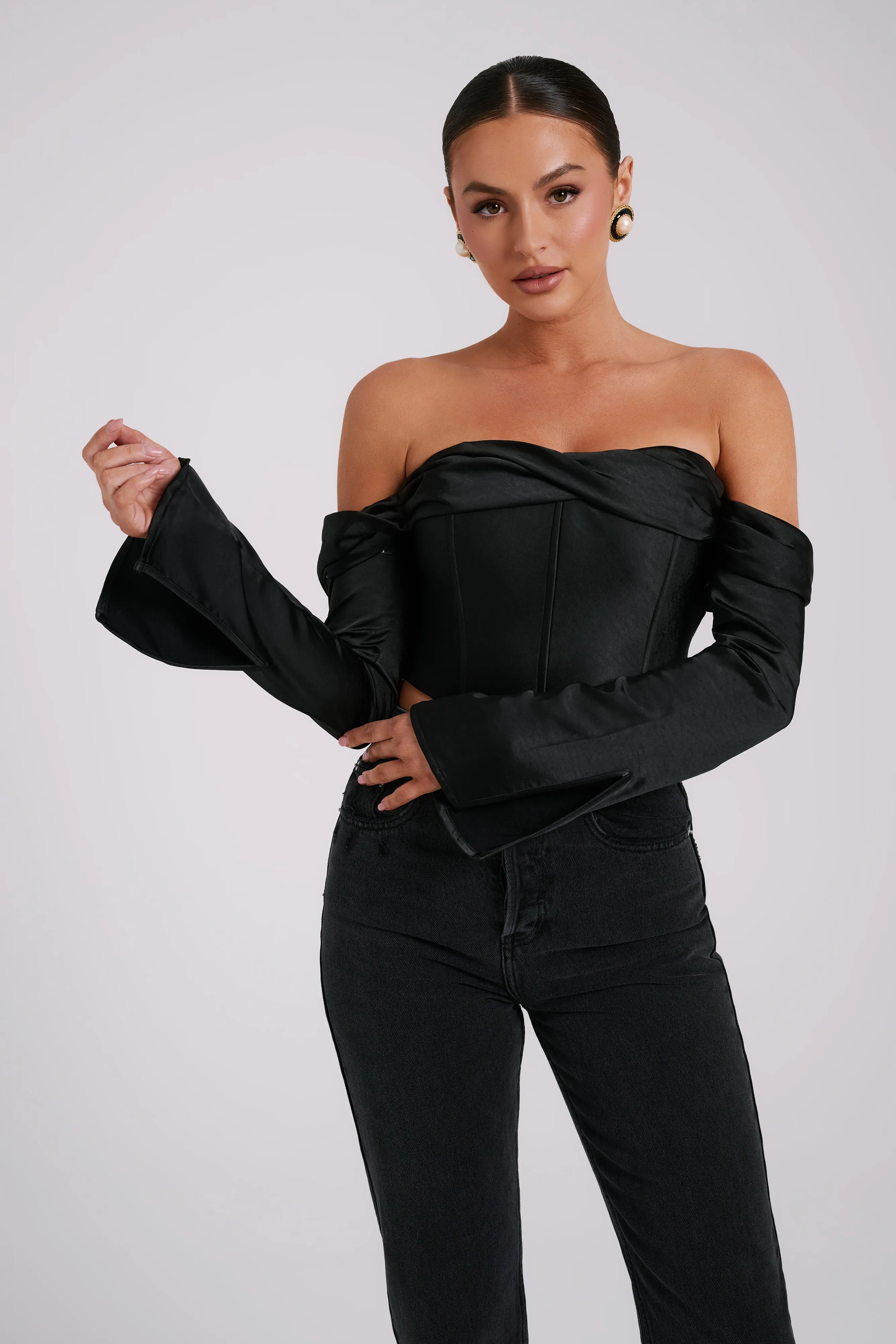 Giselle Satin Off Shoulder Top - Black