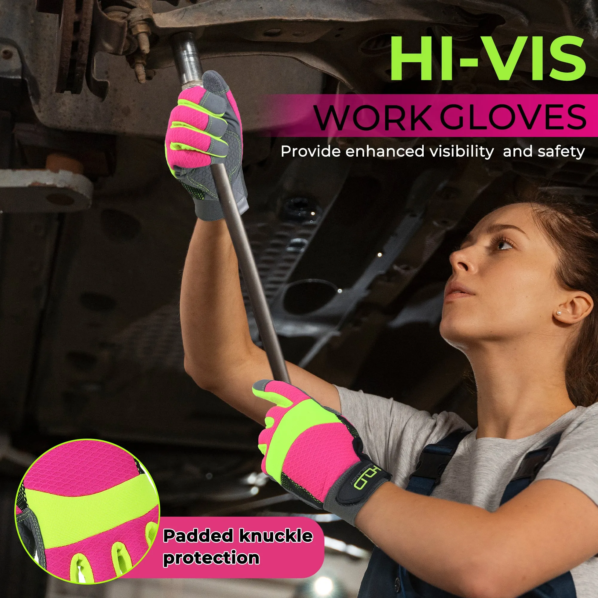 HANDLANDY Hi-vis Reflective Work Gloves for Women, Anti Vibration Gloves for Mowing, Power Tools 6304