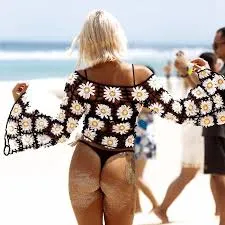 Handmade Crochet Daisy Top Midrift Long Bell Sleeves Lace Up Front Beach Crop Sweater Bikini Cover Up Festival Outfit White Green Or Black With Daisies One Size