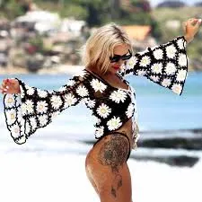 Handmade Crochet Daisy Top Midrift Long Bell Sleeves Lace Up Front Beach Crop Sweater Bikini Cover Up Festival Outfit White Green Or Black With Daisies One Size