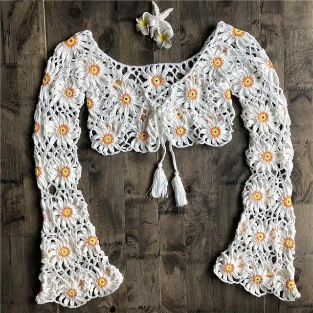 Handmade Crochet Daisy Top Midrift Long Bell Sleeves Lace Up Front Beach Crop Sweater Bikini Cover Up Festival Outfit White Green Or Black With Daisies One Size