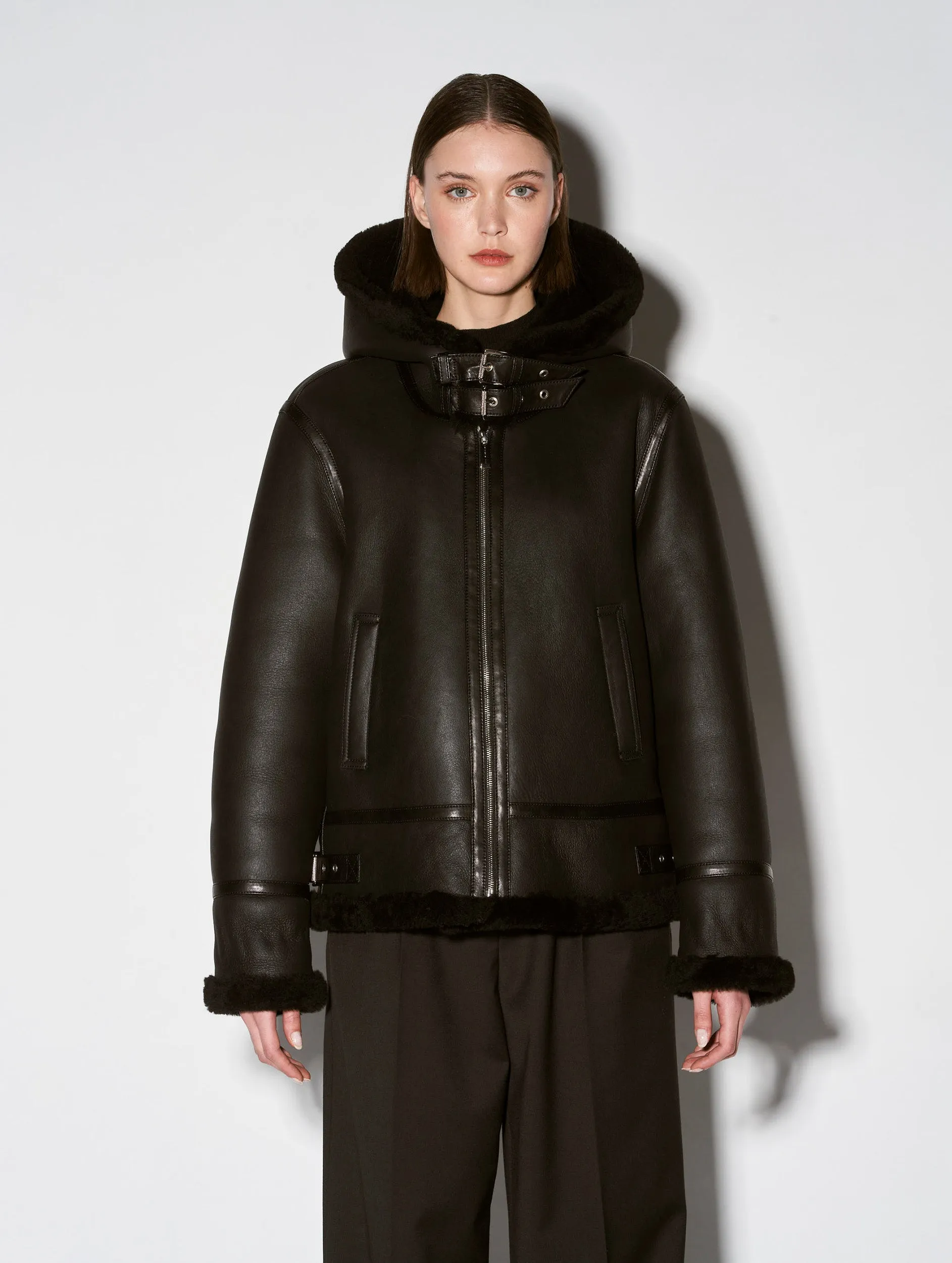 Hooded black shearling bomber jacket