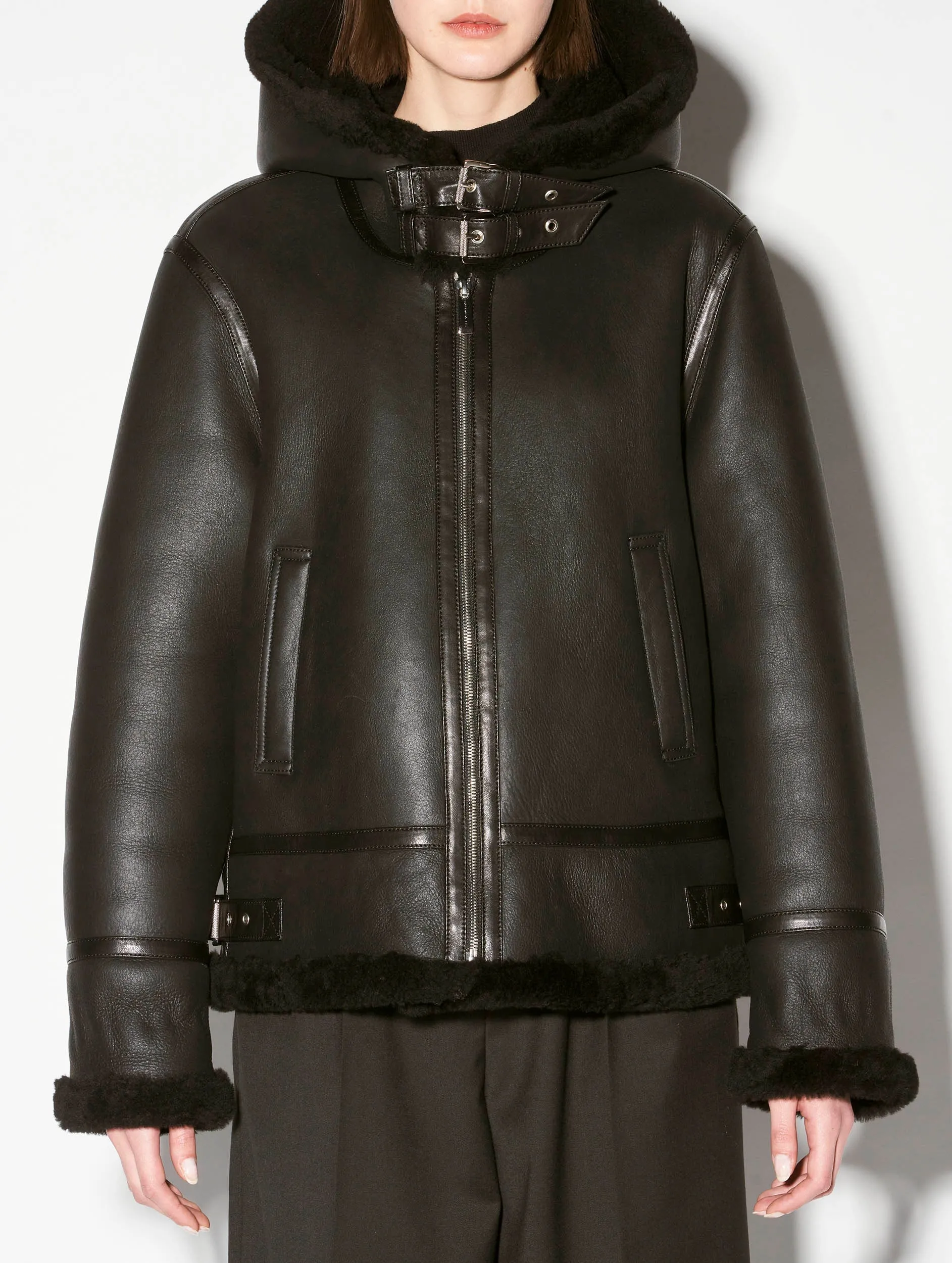 Hooded black shearling bomber jacket