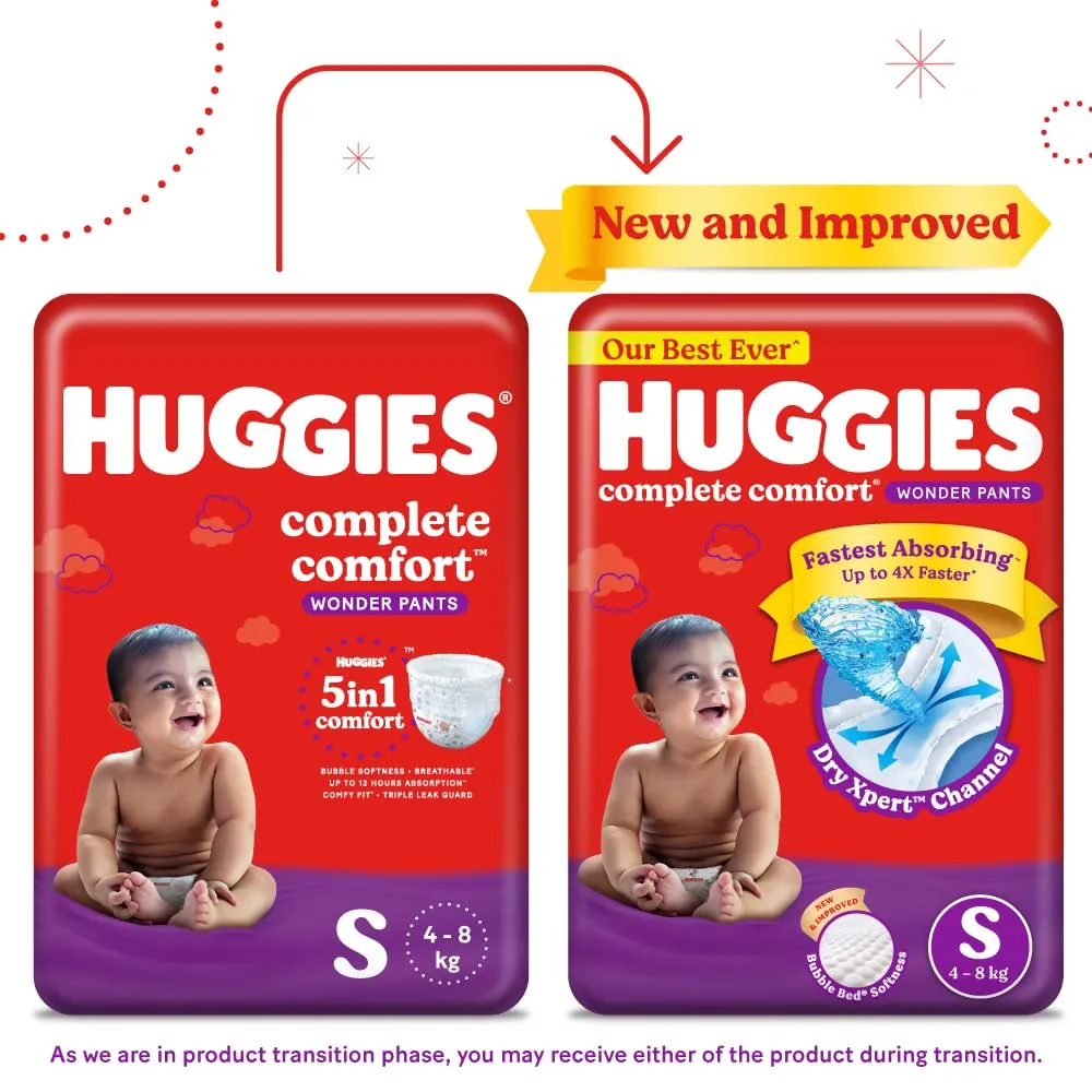 Huggies Complete Comfort Wonder Pants Small (S) Size (4-8 Kgs) Baby Diaper Pants, 112 count| India's Fastest Absorbing Diaper with upto 4x faster absorption | Unique Dry Xpert Channel