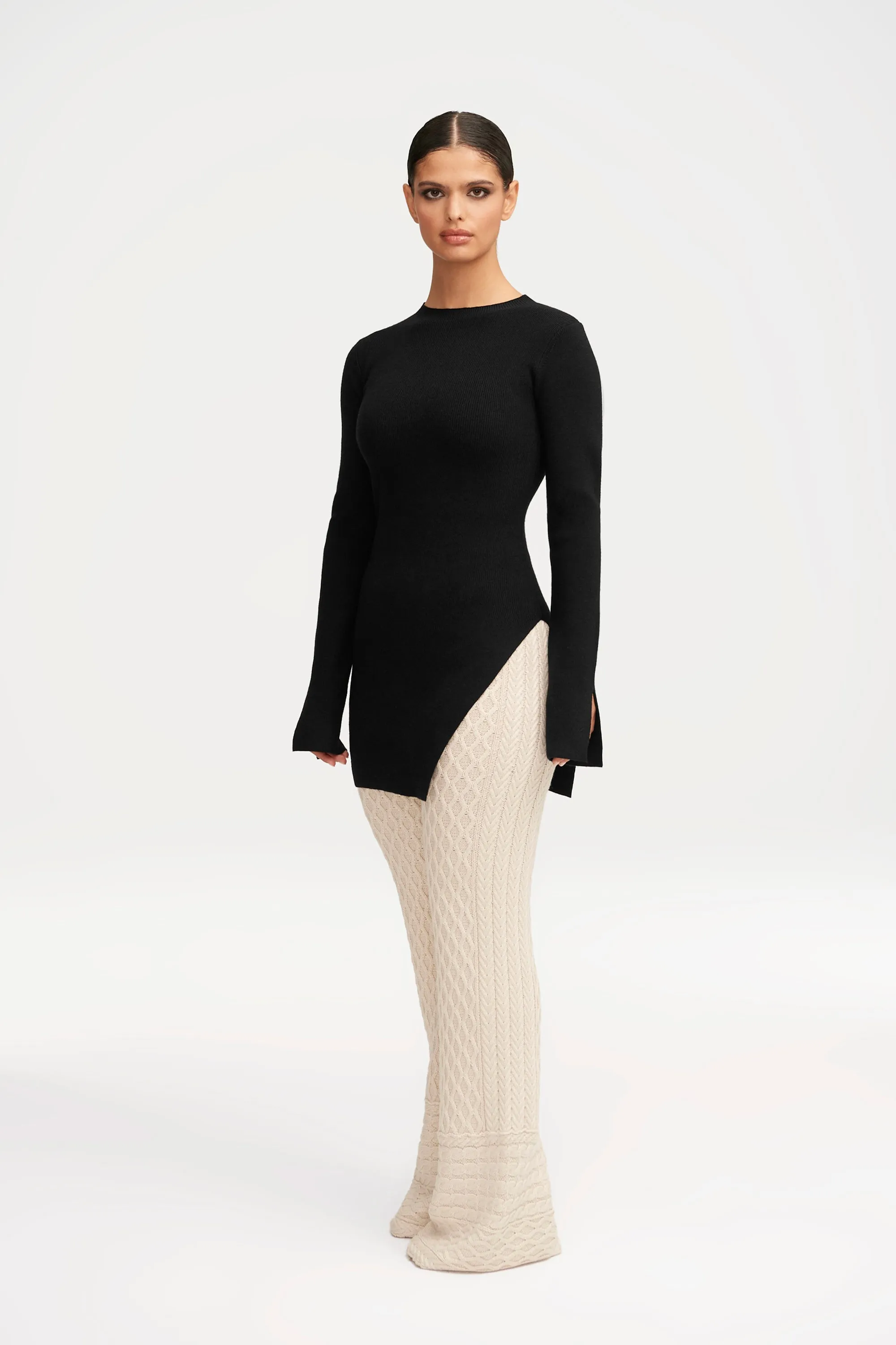 Inaya Ribbed Side Slit Top - Black