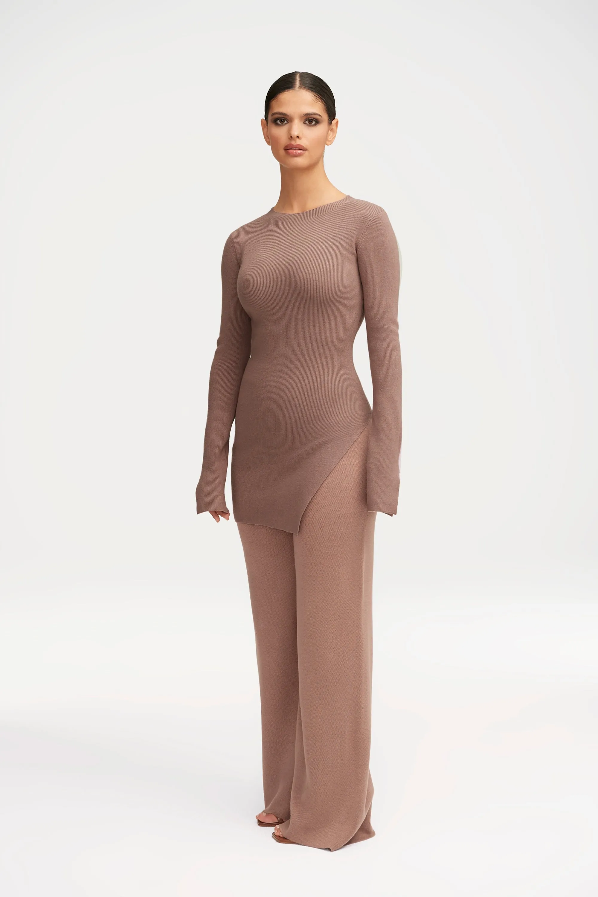 Inaya Ribbed Side Slit Top - Taupe