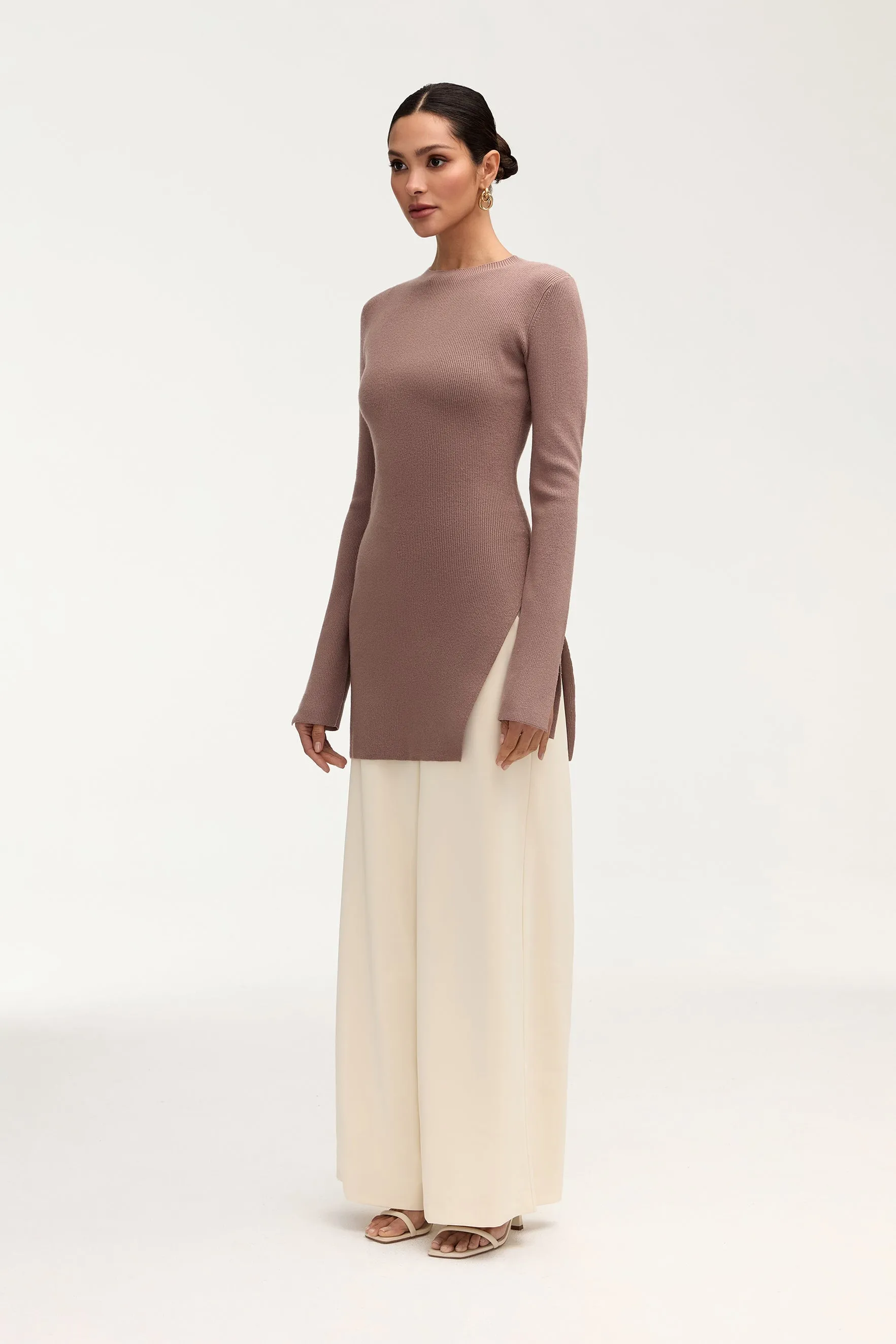 Inaya Ribbed Side Slit Top - Taupe