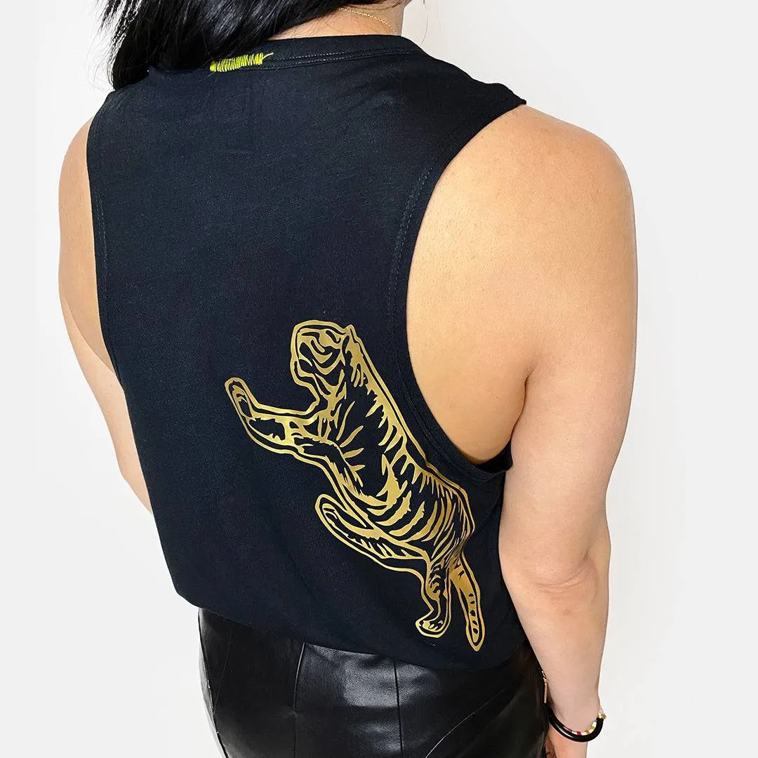 Jane Black Tank Top - Gold Tiger Print