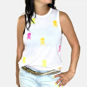 Jane White Tank Top - Neon Pink & Yellow Skulls