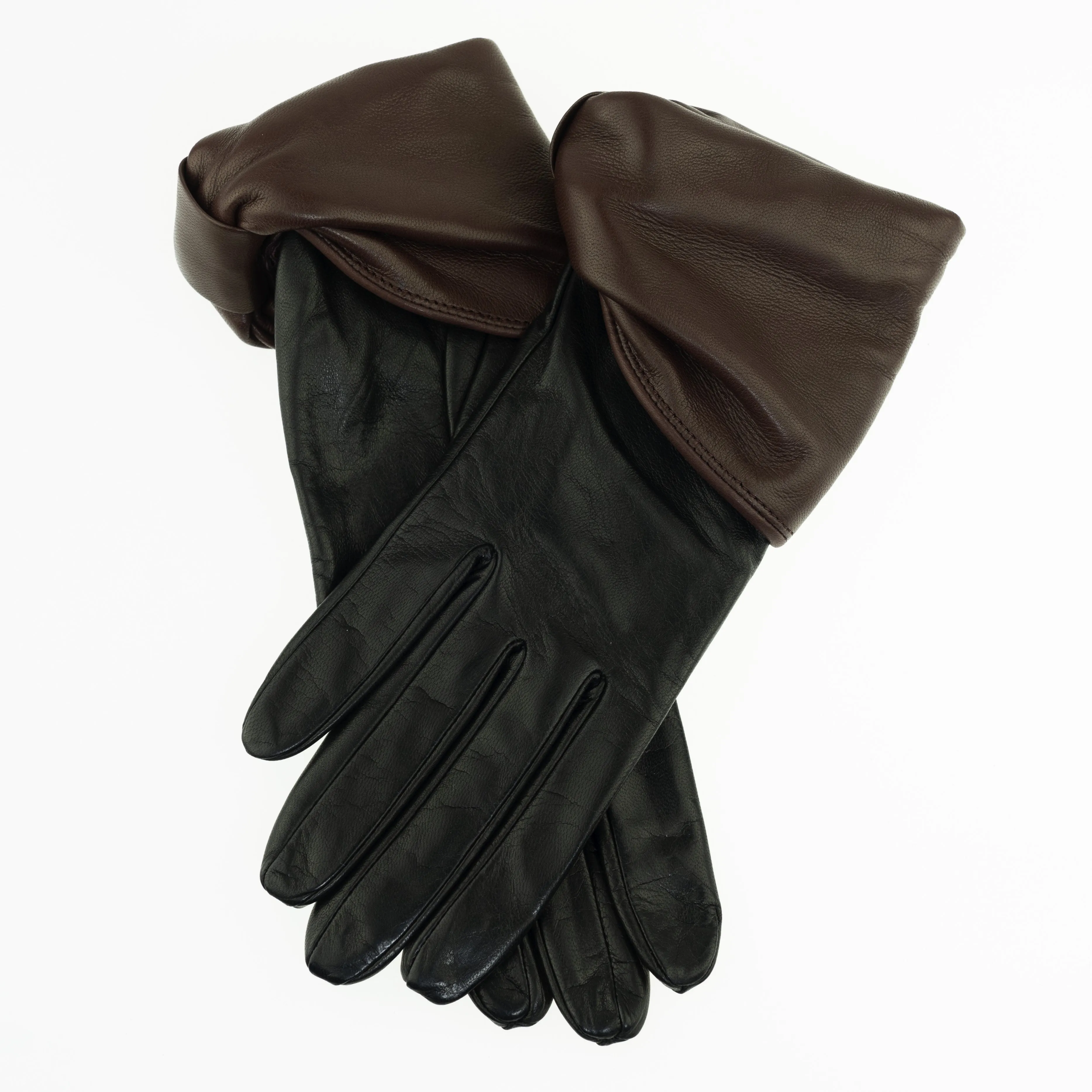 Julie - Women's Silk Lined Leather Gloves with Bow Cuff