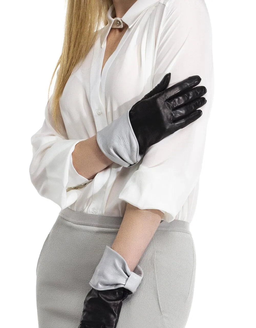 Julie - Women's Silk Lined Leather Gloves with Bow Cuff