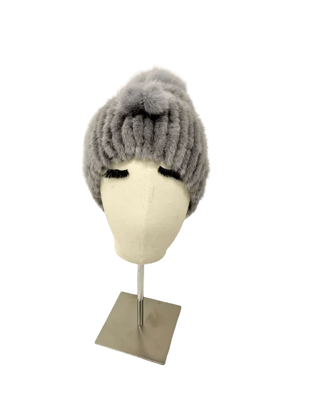 KNITTED MINK BEANIE GREY WITH TUNNEL