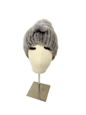 KNITTED MINK BEANIE GREY WITH TUNNEL