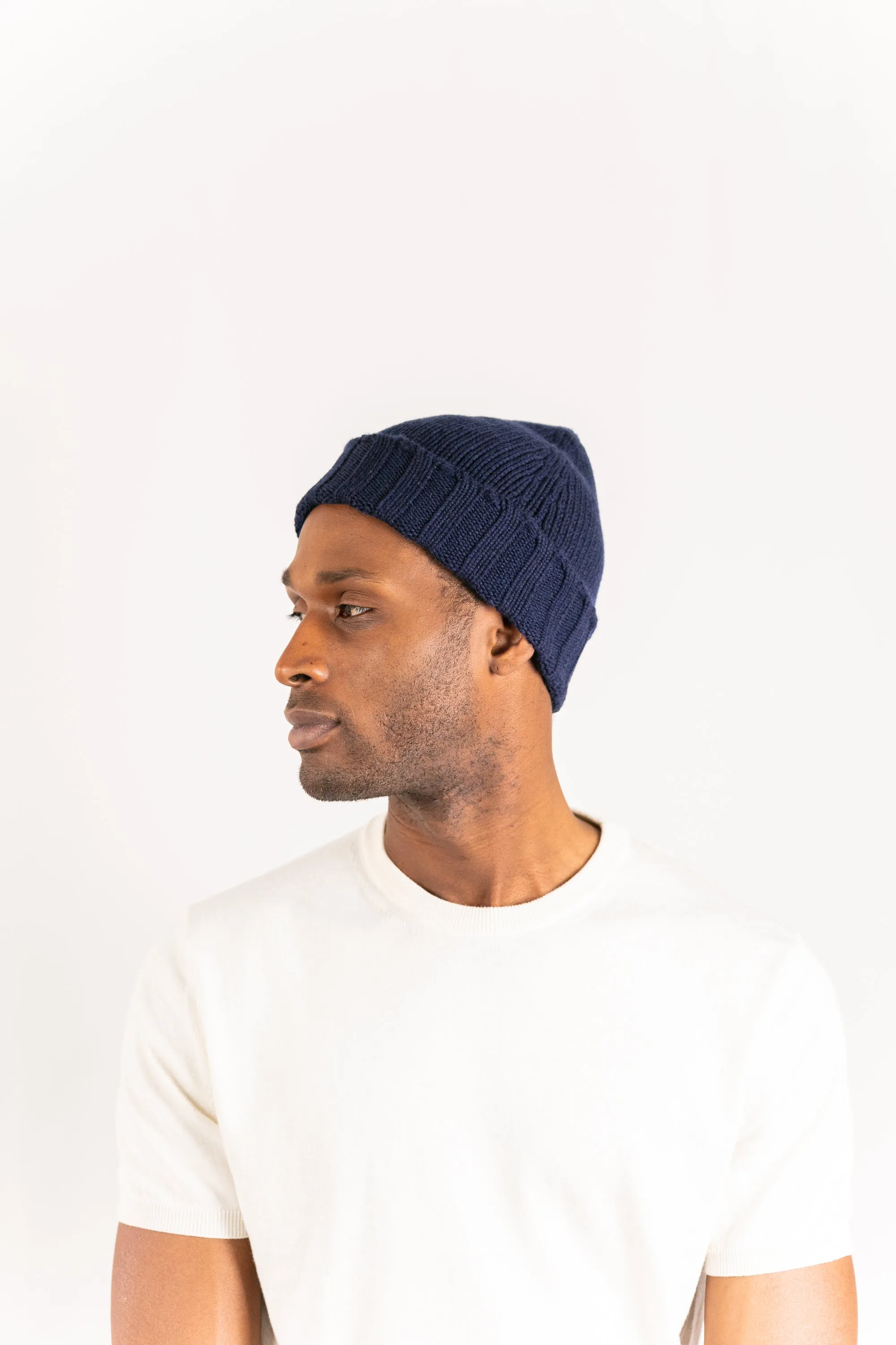 Knitted Pure Cashmere Beanie in Marine Blue