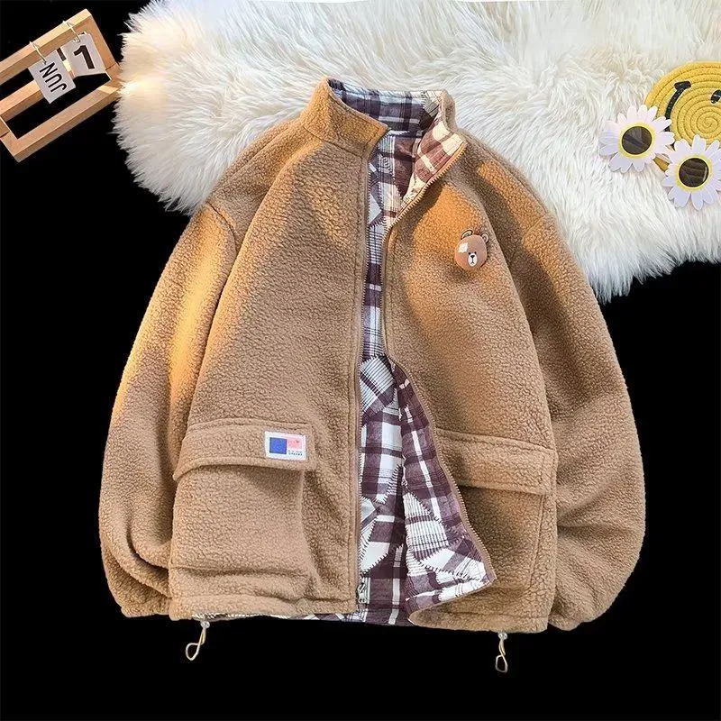 Lamb Wool Unisex Loose Fit Retro Versatile Stand-Up Collar Reversible Fleece Jacket