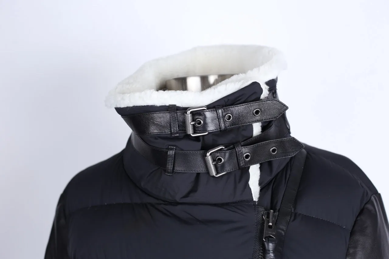 Leather Sleeve Shearling Collar Down Puffer Jacket