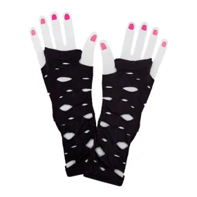 Long Fingerless Gloves Ripped Up Style Black Fancy Dress