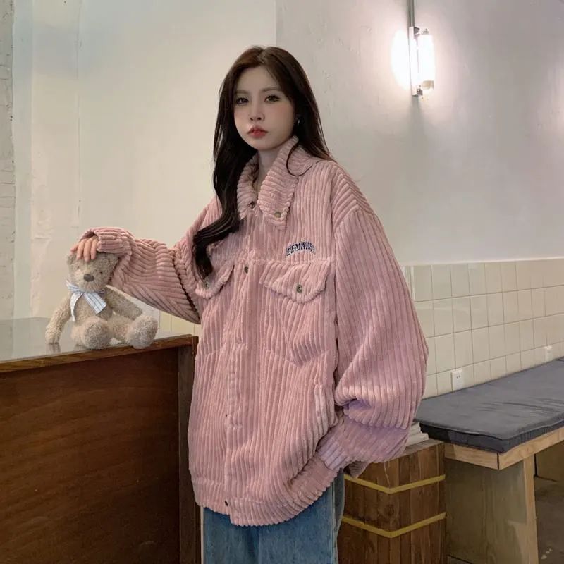 Loose Fit Pink Trendy Versatile Retro Corduroy Jacket