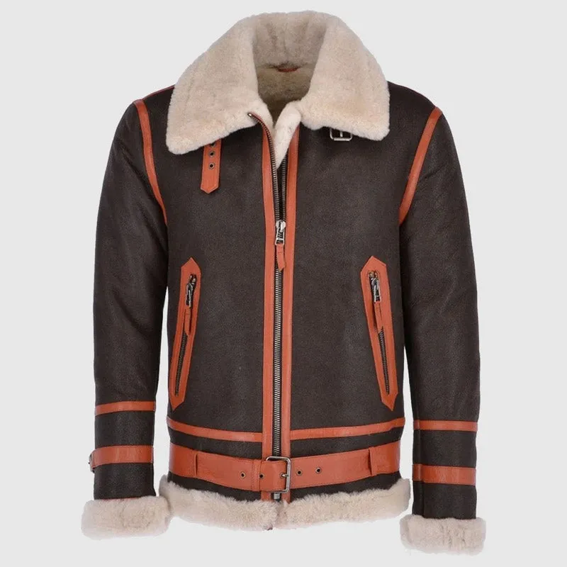 Men Best Winter Sheepskin Flying Jacket Brown Orange