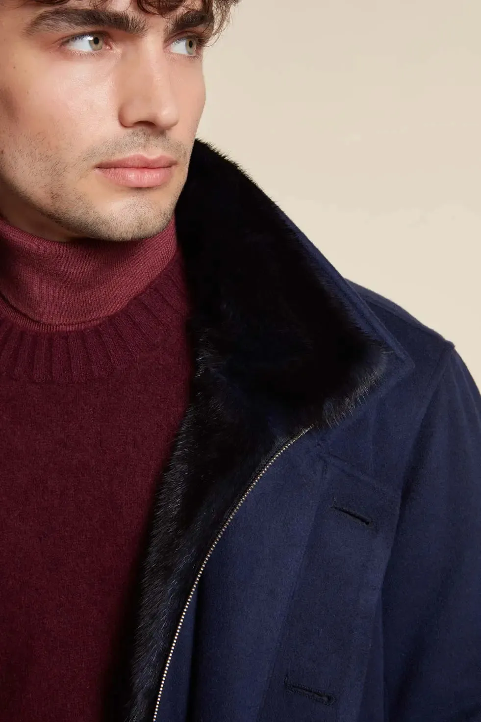 Mens blue jacket with fur collar