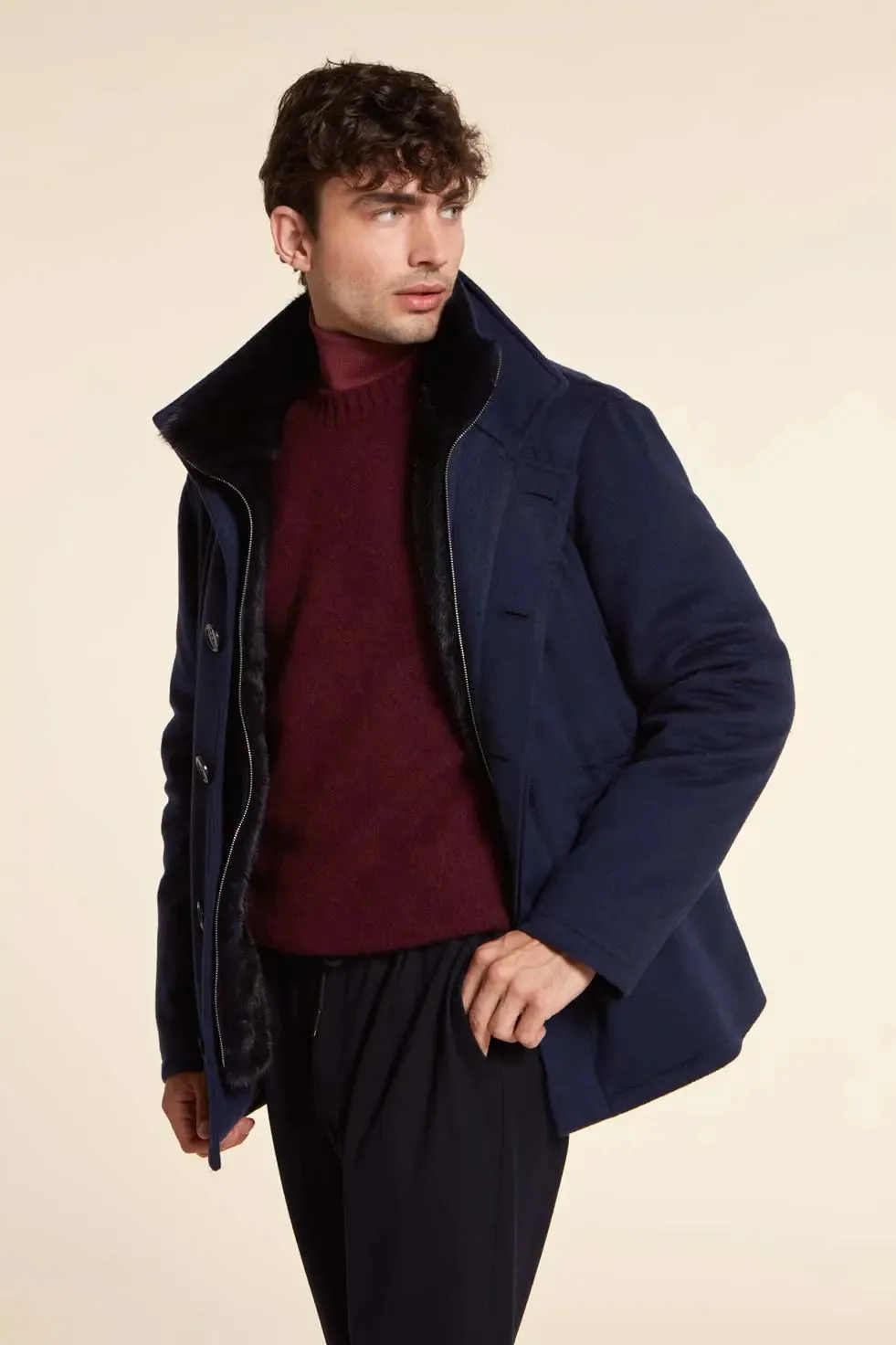 Mens blue jacket with fur collar