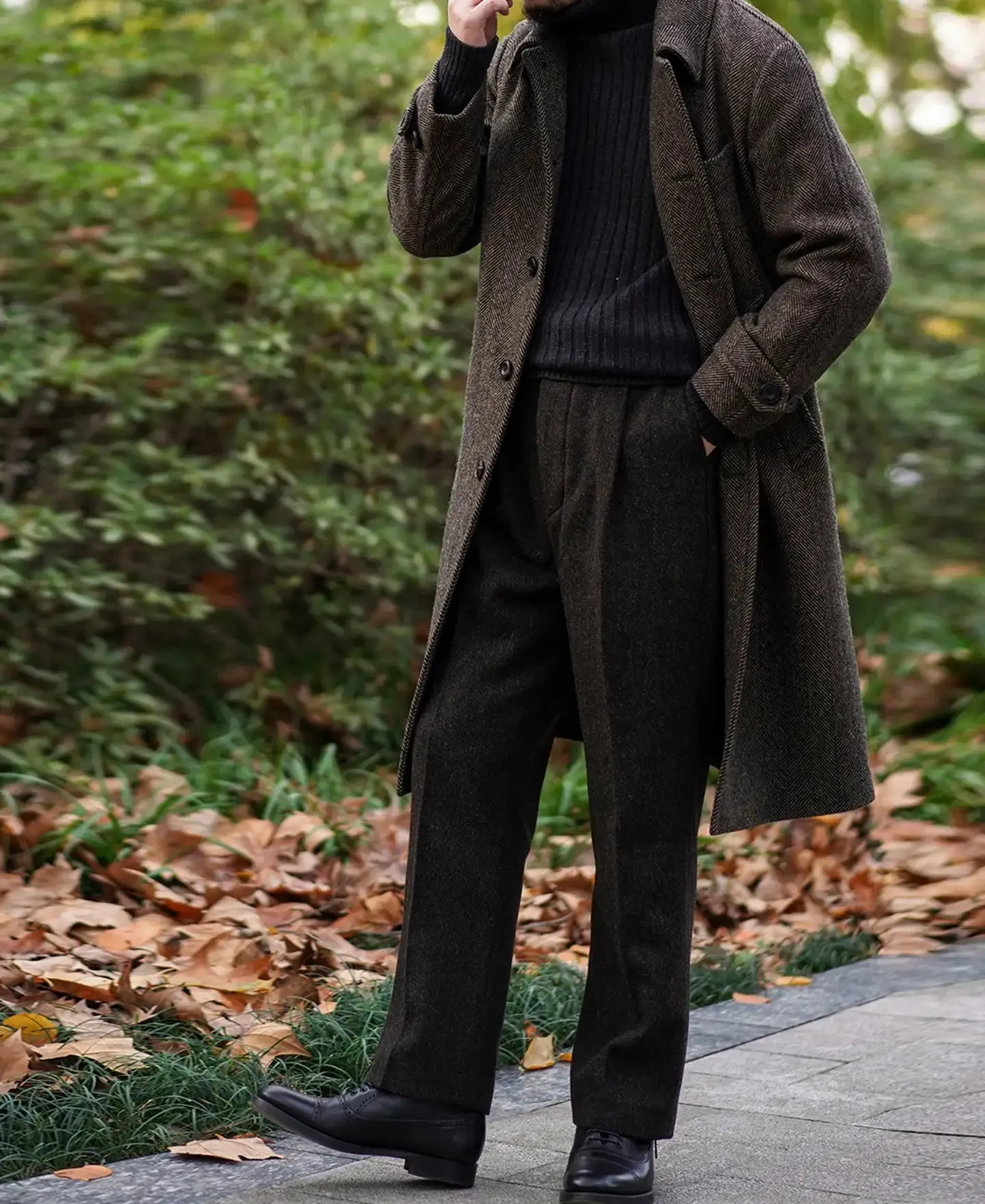 Men's Herringbone Tweed Balmacaan Coat - Business Elegant Style