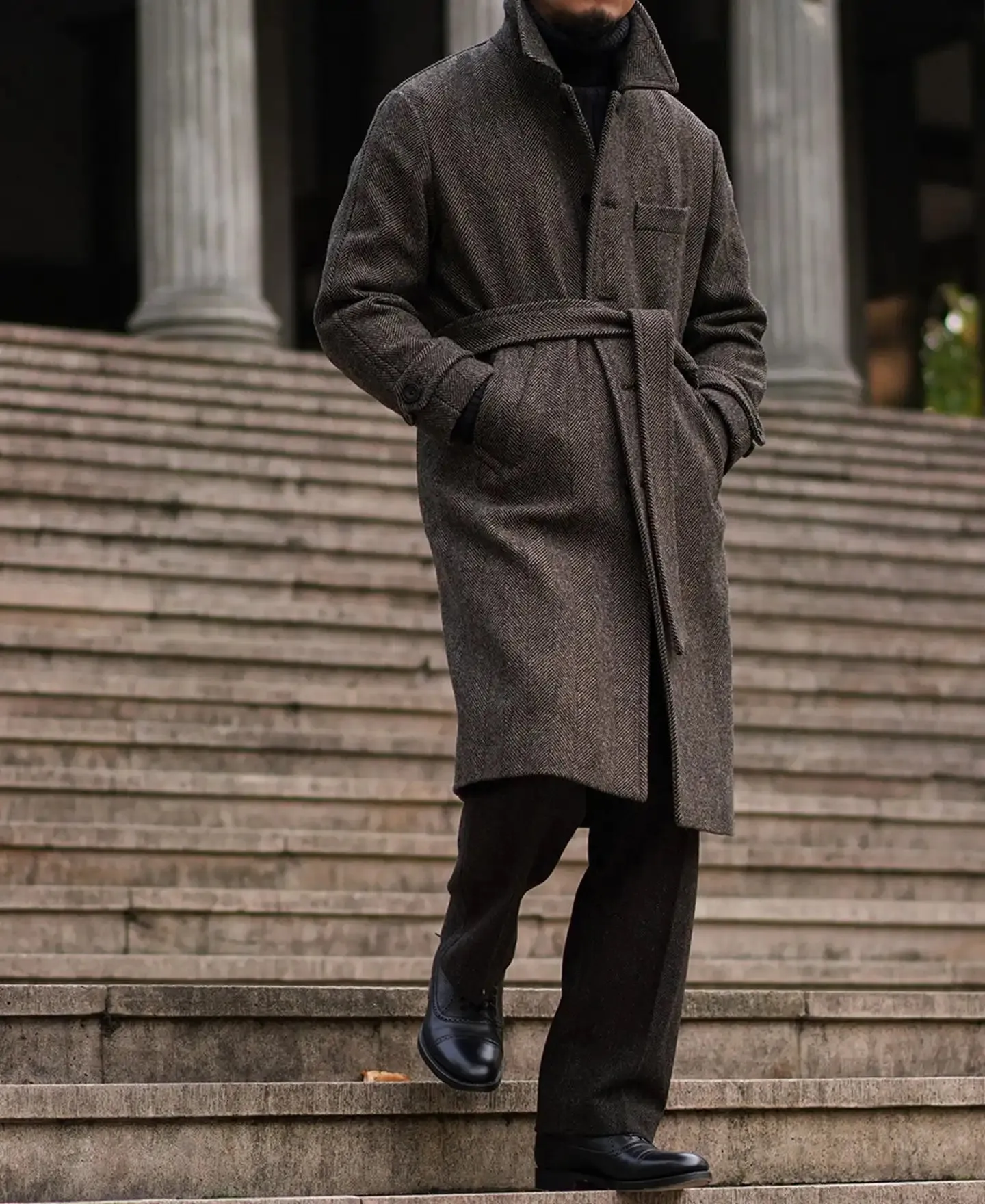 Men's Herringbone Tweed Balmacaan Coat - Business Elegant Style