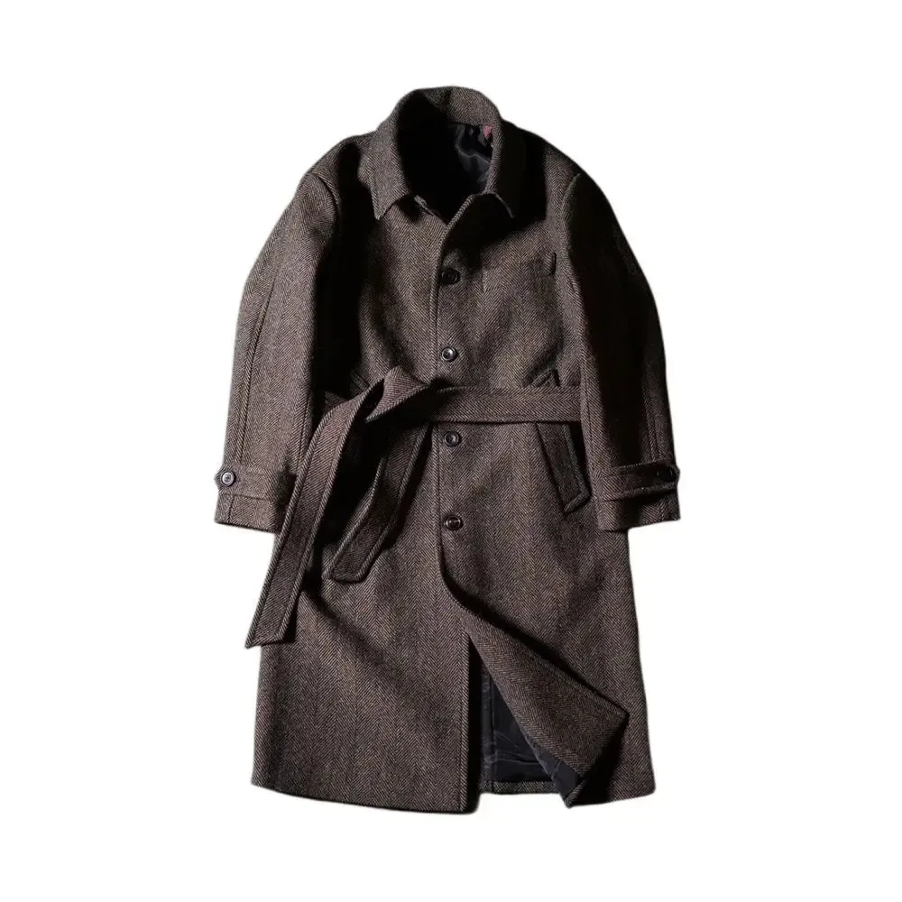 Men's Herringbone Tweed Balmacaan Coat - Business Elegant Style