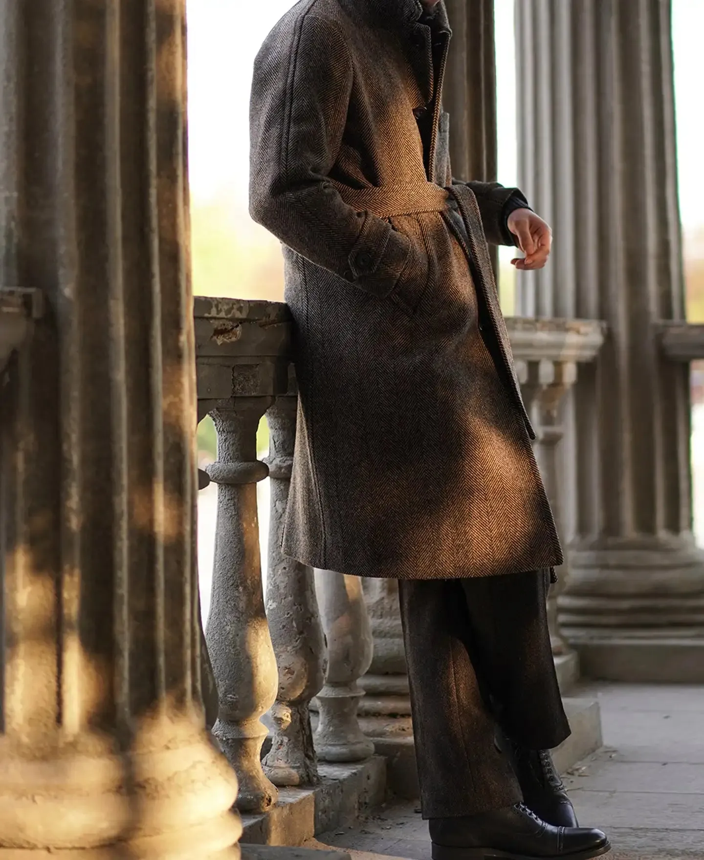 Men's Herringbone Tweed Balmacaan Coat - Business Elegant Style