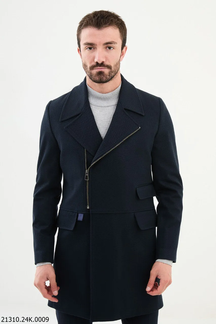 Men's Navy Blue Asymmetrical Zip Cotton Blend Winter Coat.