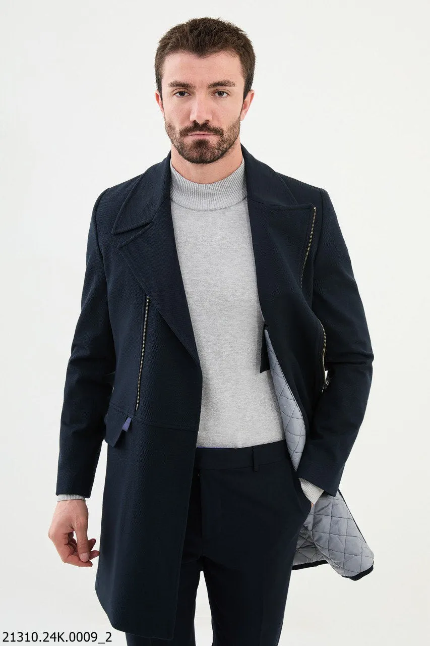 Men's Navy Blue Asymmetrical Zip Cotton Blend Winter Coat.