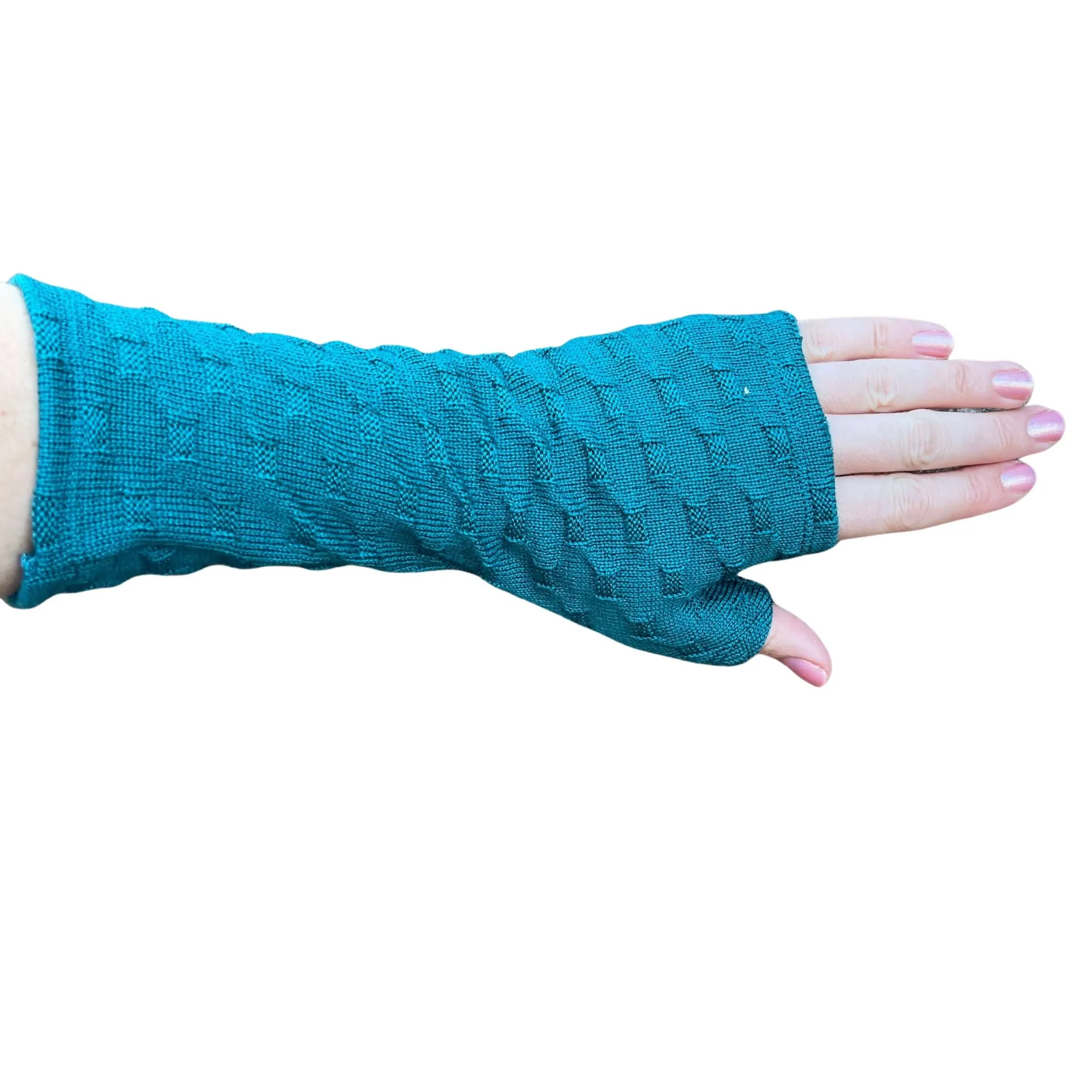 Merino Wool Gloves - Teal Cross Textured