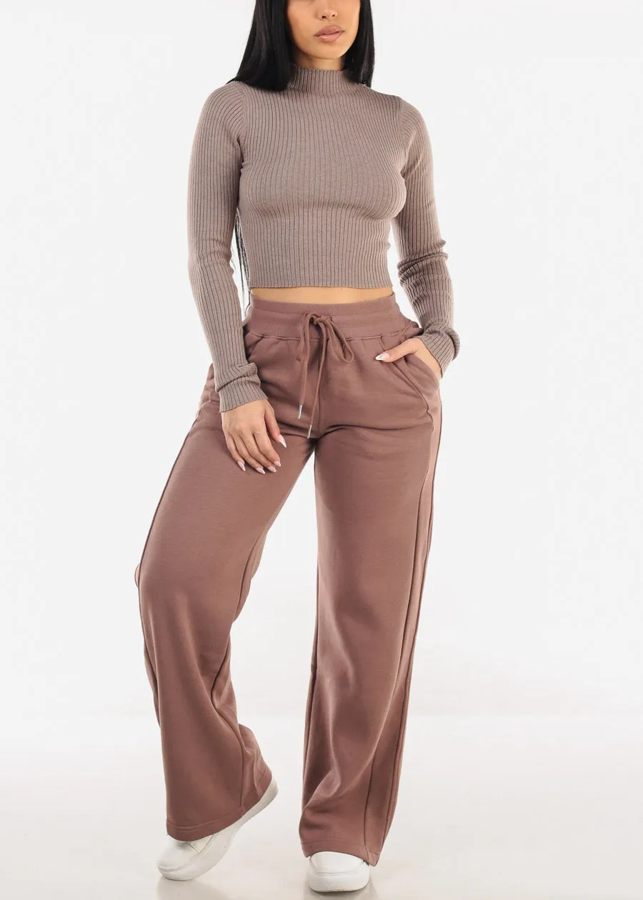 Mock Neck Ribbed Crop Sweater Top Mocha