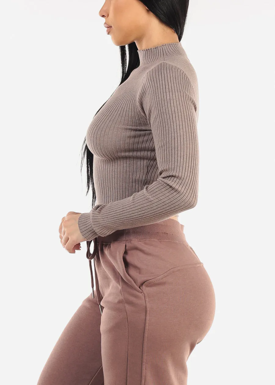 Mock Neck Ribbed Crop Sweater Top Mocha