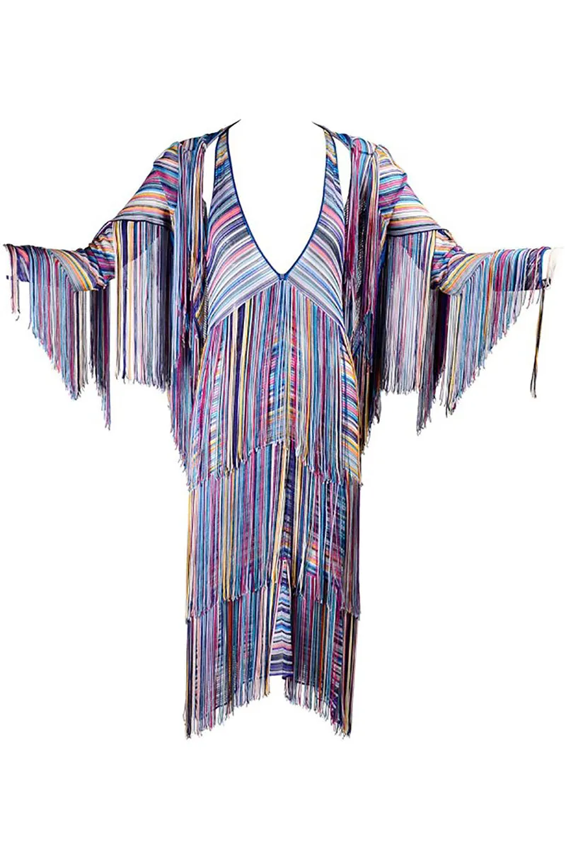 Multi-Colored Tiered Fringe Dress with Matching Fringe Jacket Size 2/4