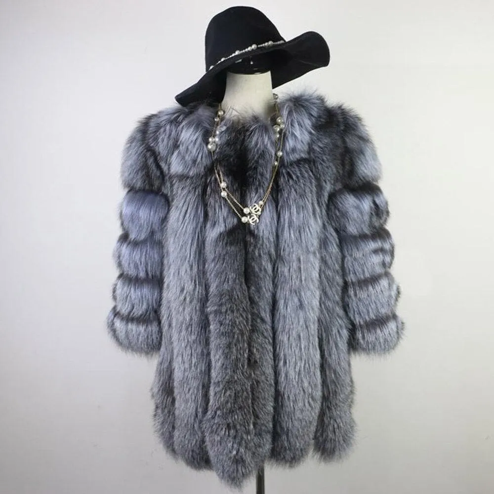 Natural Fox Fur Coat Luxury Fur Overcoat Garment Jacket Large Size O-Neck