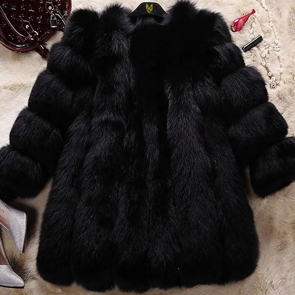 Natural Fox Fur Coat Luxury Fur Overcoat Garment Jacket Large Size O-Neck