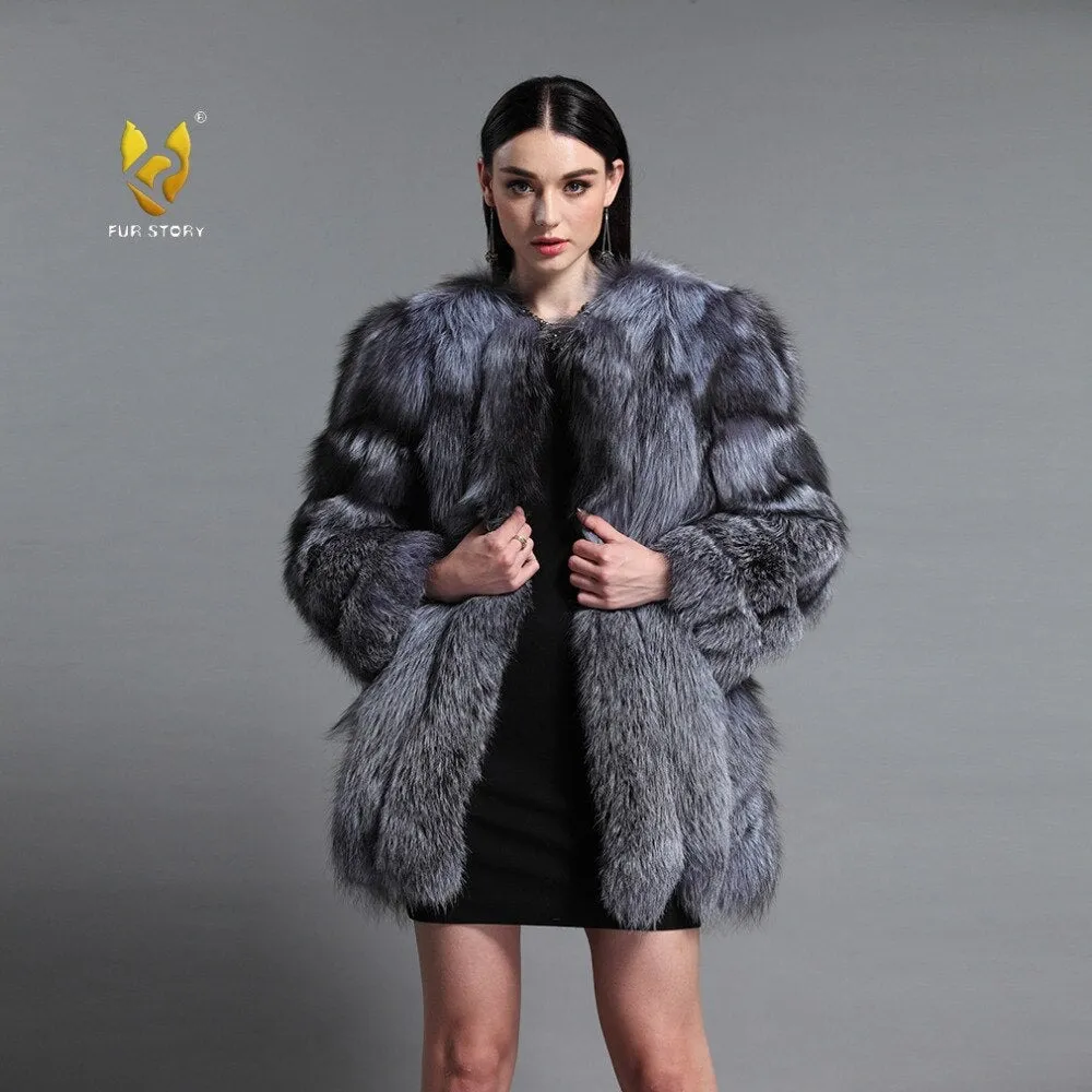 Natural Fox Fur Coat Luxury Fur Overcoat Garment Jacket Large Size O-Neck