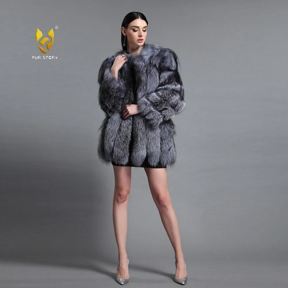 Natural Fox Fur Coat Luxury Fur Overcoat Garment Jacket Large Size O-Neck