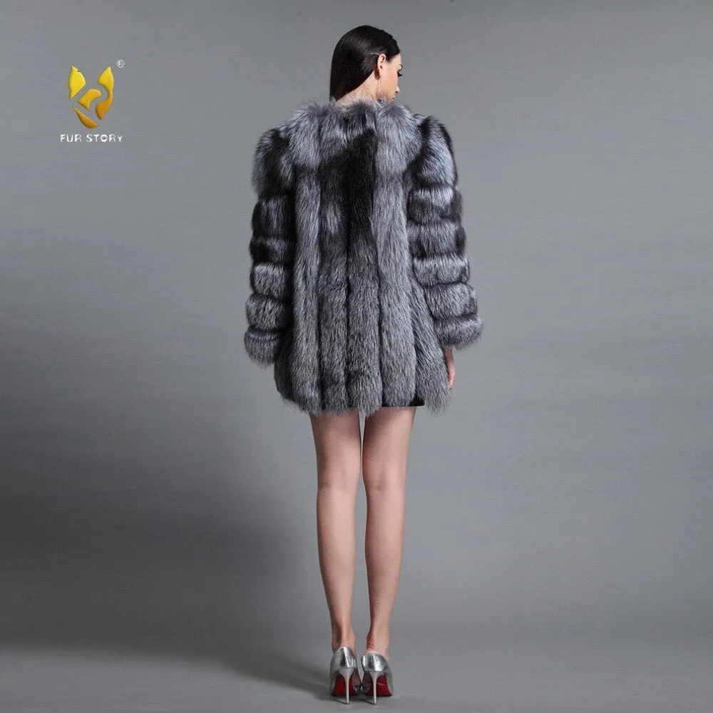 Natural Fox Fur Coat Luxury Fur Overcoat Garment Jacket Large Size O-Neck