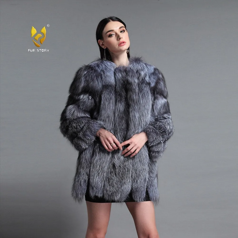 Natural Fox Fur Coat Luxury Fur Overcoat Garment Jacket Large Size O-Neck