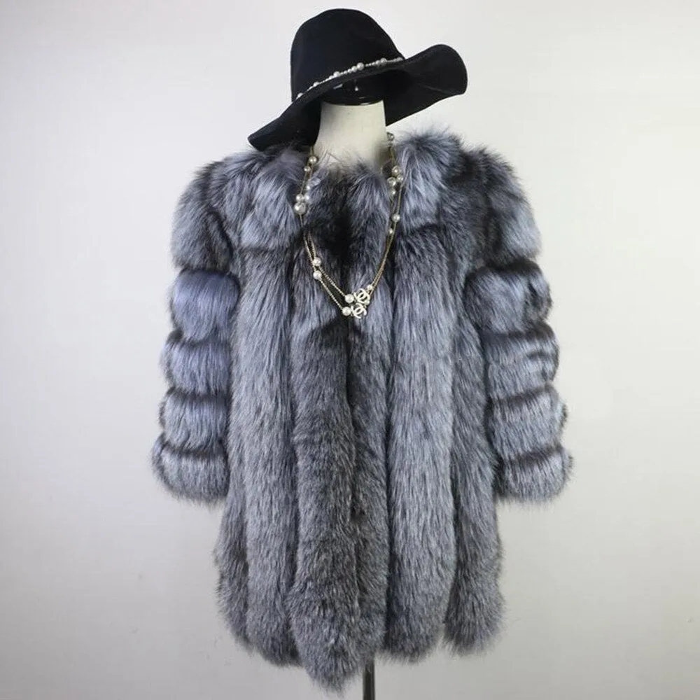 Natural Fox Fur Coat Luxury Fur Overcoat Garment Jacket Large Size O-Neck